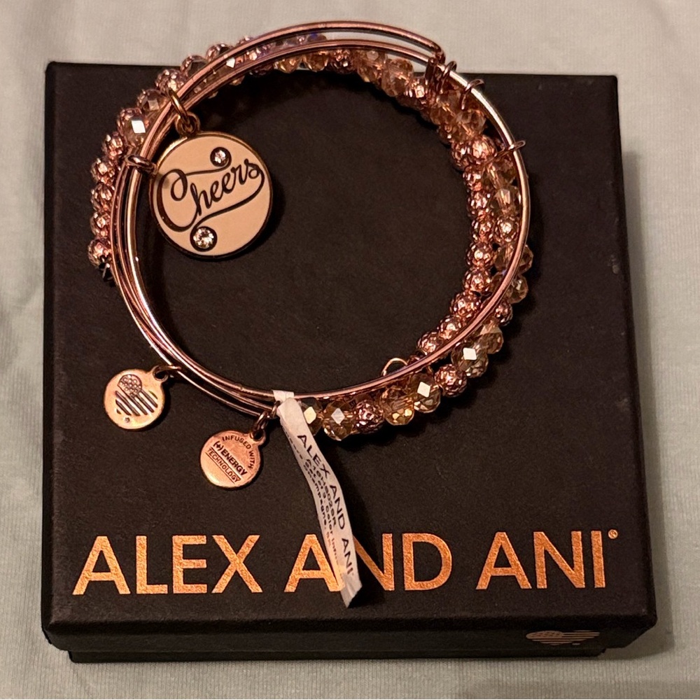 NEW SET Alex and Ani Cheers Charm Bracelet Rose Gold GIFT BOX CHAMPAGNE BEAD NWT - Picture 1 of 12